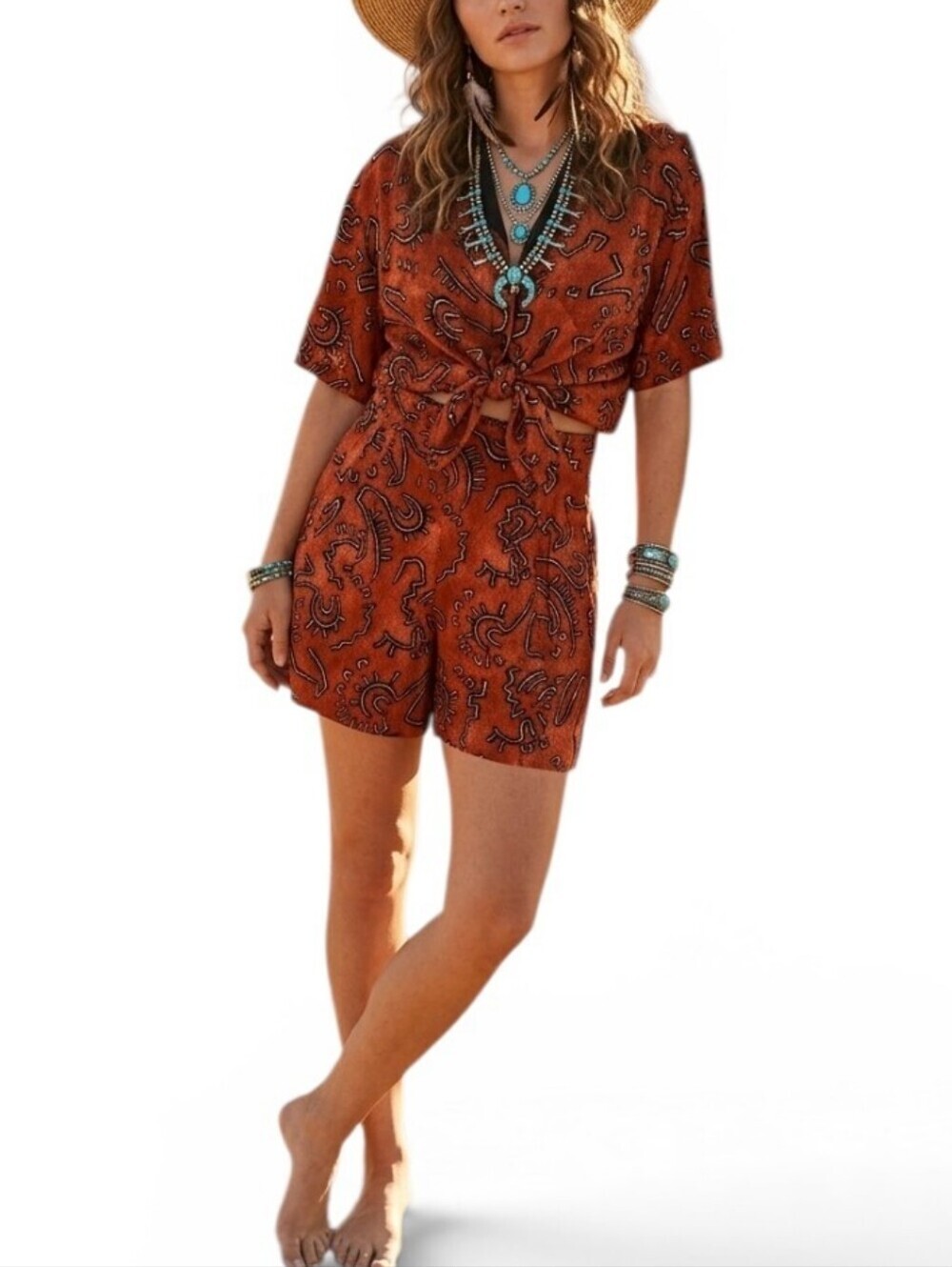 Vintage 90s Essay by Sharon Anthony Tribal Abstract Sunshine Print Shorts & Top